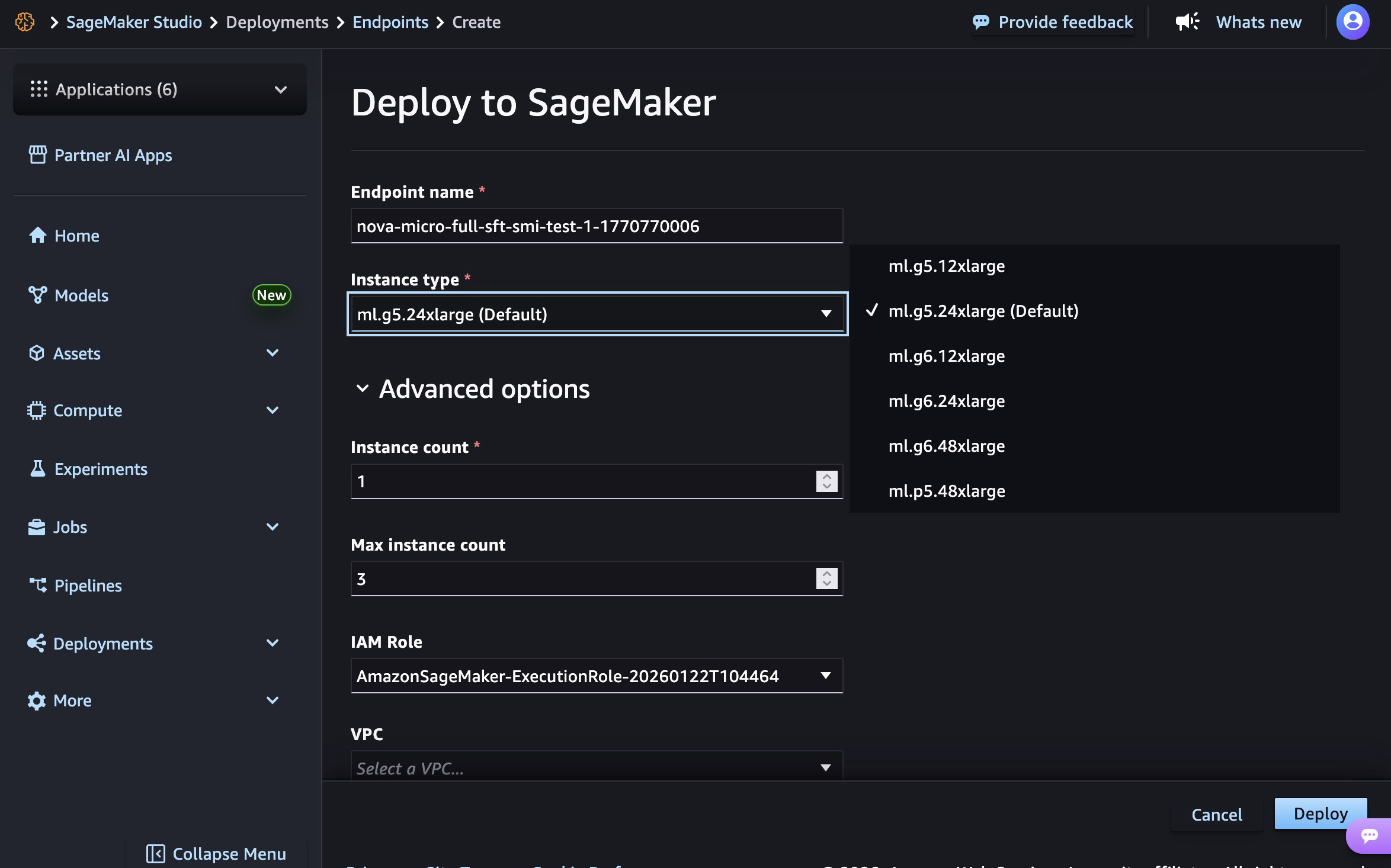 Configuração de endpoint no SageMaker