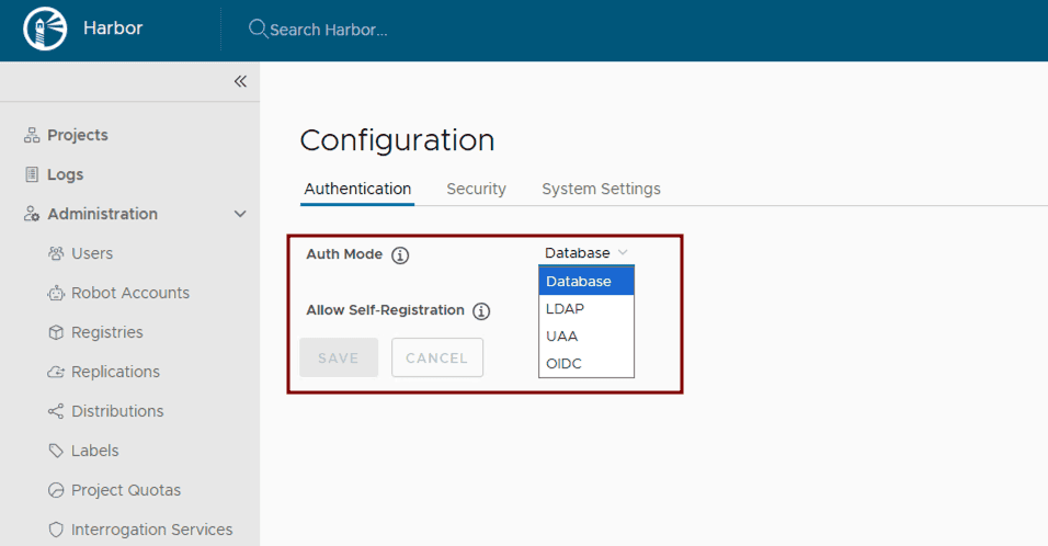 Painel de configuração do Harbor
