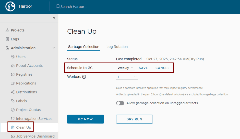 Painel de Clean Up e Garbage Collection no Harbor